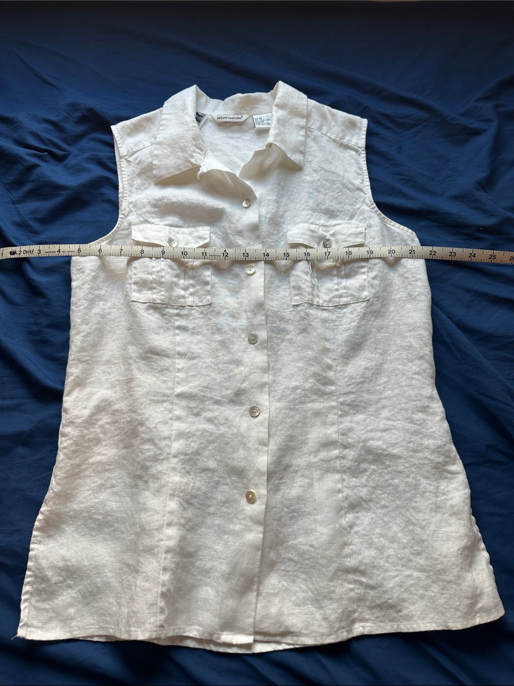 Sleeveless Button-Front White Linen Shirt by Richard Malcolm Irish Linen Medium - Picture 12 of 16